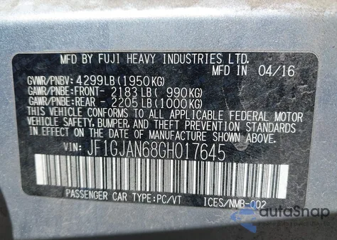 2016 Subaru Impreza 2.0I Limited z USA, uszkodzony, nr VIN JF1GJAN68GH017645